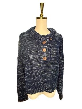 Pilcro Navy White Pink Mega Henley Marled Button-Front V-Neck Sweater Size S
